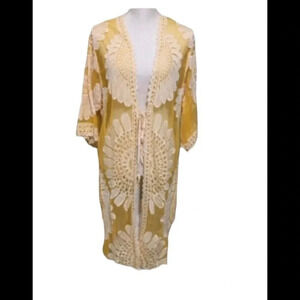 Ember Yellow Lace Embroidered Floral Kimono/Topper
